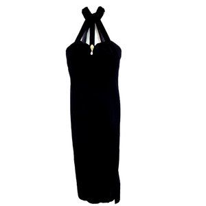 Vintage Jessica McClintock 7/8 Halter Maxi Dress Gunne Sax Black Velvet Pearls